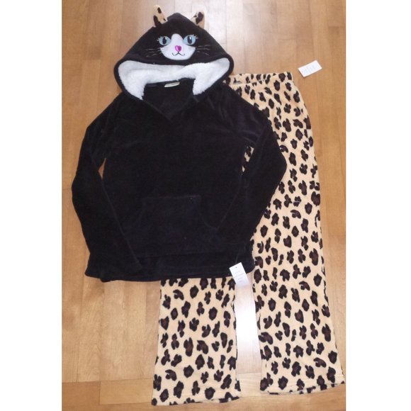 Zoe & Bella Black Cat 2 pc Fleece Pajama Set - Hooded Shirt Pants Size S M NWT - Picture 1 of 3